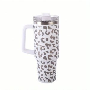 Gobelet isotherme sous vide en acier inoxydable de 40 oz, sans BPA, avec gravure laser couleur motif léopard, poignée et paille - Product Image 5