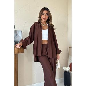 Conjunto de Camisa Marrón Alice y Pantalones Anchos para Mujer, Casual, Tela Oxford, Transpirable, Manga Larga - Product Image 2