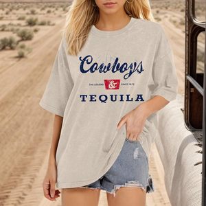 Camiseta Corta Oversize con Estampado Vintage de Cowboys y Tequila para Mujer, Manga Corta, Transpirable, Ropa Casual - Product Image 4