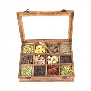 Custom Multipurpose <b>Pine</b> Wood Polished Antique Imitation Rectangle Spice <b>Box</b> 9 Compartments for Masala Storage Home Decoration - Product Image 2