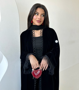 Abaya Musulmana di Lusso Personalizzata con Bordo in Pizzo per <span class=keywords><strong>Donna</strong></span>, Modello Aperto Nero con Dettaglio Circolare, Abito <span class=keywords><strong>Musulmano</strong></span> Femminile 2025 Dubai - Product Image 1