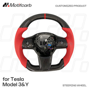 Volante de Fibra de Carbono Personalizado para Tesla Model 3&Y Performance 2018-2024, con Empuñaduras de Cuero Rojo, Mejora del Interior - Product Image 2
