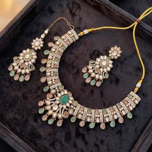 Indian Traditional Antique Gold Plated Kundan Choker Necklace <b>Set</b> Multicolor Gemstone Bead Navratna Style Bridal Jewelry <b>Set</b> - Product Image 2