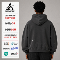 Sudadera con capucha para hombre de marca privada, estilo vintage, lavada y desgastada, de forro polar cepillado, estilo urbano, con detalle de tinta salpicada en el borde del capucha y dobladillo deshilachado