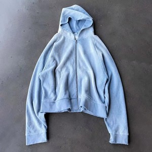 เสื้อฮู้ดซิปผู้ชายแบบวอฟเฟิลถัก ทรงครอป ขอบดิบ แขนยาว สไตล์ลำลอง - Product Image 3