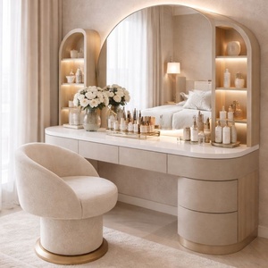 Table de toilette moderne de luxe avec miroir <span class=keywords><strong>LED</strong></span>, meuble de maquillage personnalisé pour chambre à coucher, projet hôtelier, fourniture directe usine - Product Image 1