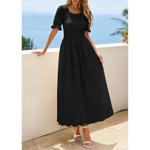 Vestido Maxi de Mujer con Ojales y Fruncido, Cuello Redondo, Manga Abullonada, Estilo Bohemio, para Fiesta, Fluido, de Verano, con Bolsillos, Tejido Transpirable - Product Image 6