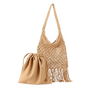 Bolso de Hombro de Playa para Mujer, Tejido a Mano, de Algodón Calado, con Cierre Abierto, Dos Correas y Borlas, Estilo Moderno, Tanjing - Product Image 1