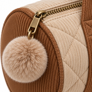 Toiletry <b>Bag</b> Barrel Shape <b>Corduroy</b> Quilted Pompom Zipper Pull Oat Caramel Wash Pouch Custom Logo Gift - Product Image 2