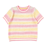 Pull-over ajouré rayé à manches courtes et col rond pour femme – Vêtements féminins en stock pour l'été