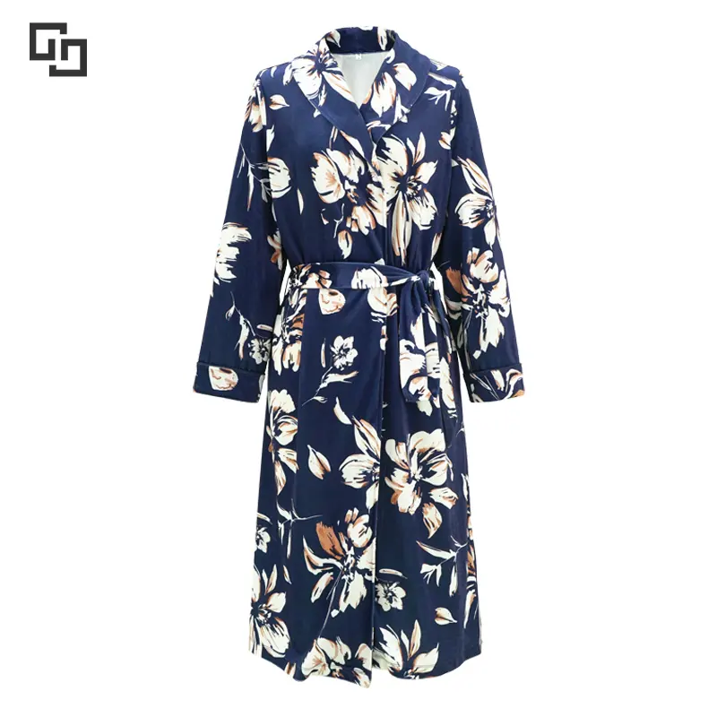 Soft Elegant Long Ladies Robe With Belt Custom Floral Logo Velvet Robes Women