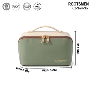 Trousse de toilette bicolore vert sauge et crème en cuir PU, étui à cosmétiques avec poignée supérieure crème, fermeture éclair dorée, logo personnalisé OEM - Product Image 5