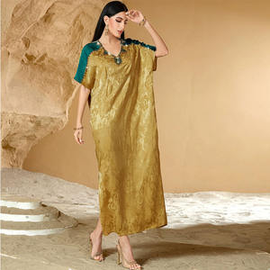 Tissu gingembre fente latérale manches courtes strass décoration col en V femmes musulmanes élégantes Abaya marocaine caftan - Product Image 1