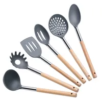 Ustensiles de cuisine en Nylon, personnalisable, avec manche en bois, louche à soupe, outils à nouilles, cuillère à fente ronde, spatule accessoires de cuisine 6 pièces