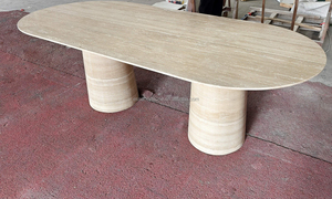 Table à manger ovale en travertin beige crème italien, sur mesure, en pierre naturelle de luxe, avec piédestal conique, pour cuisine et extérieur - Product Image 4