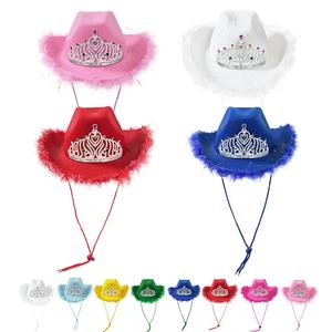 SOLPOP Chapeau de <span class=keywords><strong>cowboy</strong></span> western avec <span class=keywords><strong>grande</strong></span> couronne, accessoires de diadème, décoration de gemmes et bordure en plumes, pour cowgirl, idéal pour enterrement de vie de jeune fille - Product Image 1
