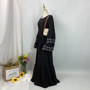 Cute Crew Neck With White Flowers Embroidery Double Layers Trumpet Sleeves Muslim Islamic Women Abaya Dress 6110# - Product Image 4