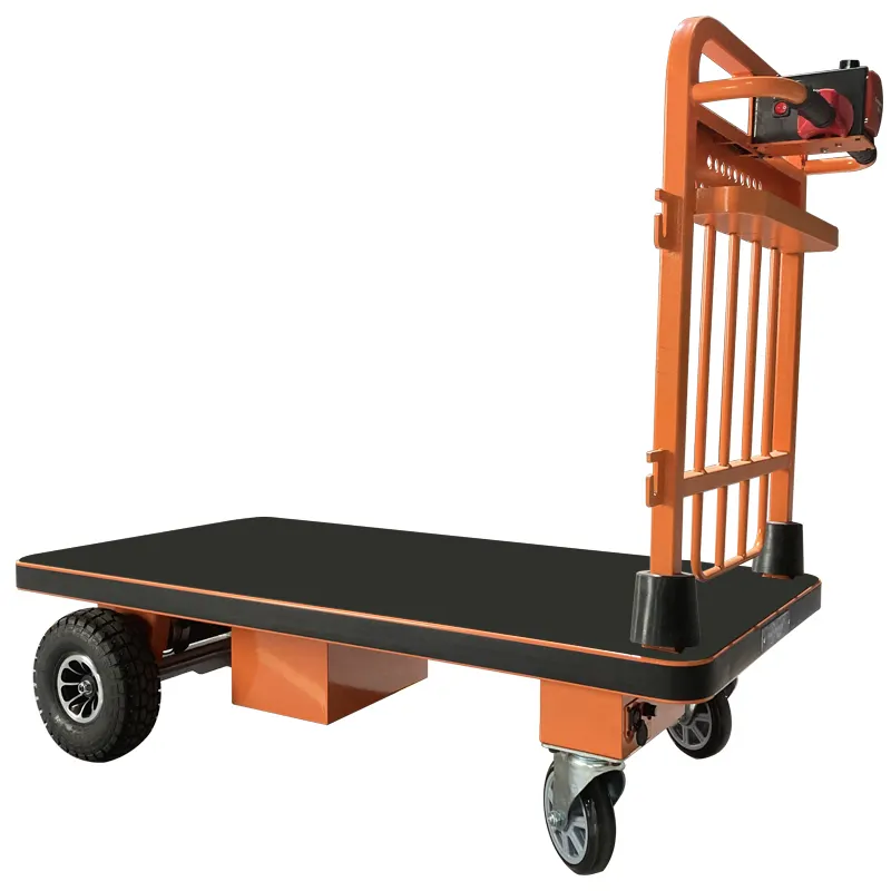 Heavy-Duty Vierwielige Elektrische Gemotoriseerde Kar Magazijn Werkplaats Cargo Handling Trolley Flat Bed Platform Voor Oem Ondersteuning