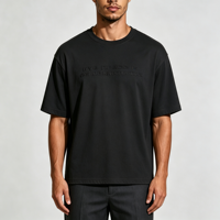 T-shirt noir grande taille à col rond, broderie unie unique, coupe ample, coutures vintage, 260 grammes
