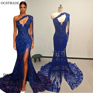 Ocstrade Pronto per la Spedizione - Contattaci Prima dell'Ordine - Abito da Sera Blu Royal a Maniche Lunghe <span class=keywords><strong>con</strong></span> <span class=keywords><strong>Spacco</strong></span> Alto e Strascico, <span class=keywords><strong>Vestito</strong></span> da Ballo per Red Carpet - Product Image 1
