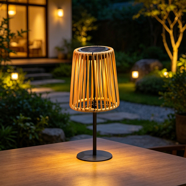 Hotseller Solar Woven Outdoor LED Desk Lamp IP44 Waterproof Rattan Iron Bamboo-look Atmosphere Lamp