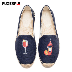 <span class=keywords><strong>Espadrilles</strong></span> pour femmes en toile <span class=keywords><strong>bleu</strong></span> <span class=keywords><strong>marine</strong></span>, style ludique, broderie vin, à enfiler, semelle épaisse en jute tressée, pour l'été et les loisirs - Product Image 3