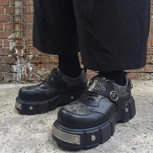 Punk Platform <b>Shoes</b> Cracked Texture Patchwork Upper Metal Eyelet D‑Ring Buckle Decor Chunky Sole Lace‑up Hook‑and‑Loop <b>Shoes</b> - Product Image 2