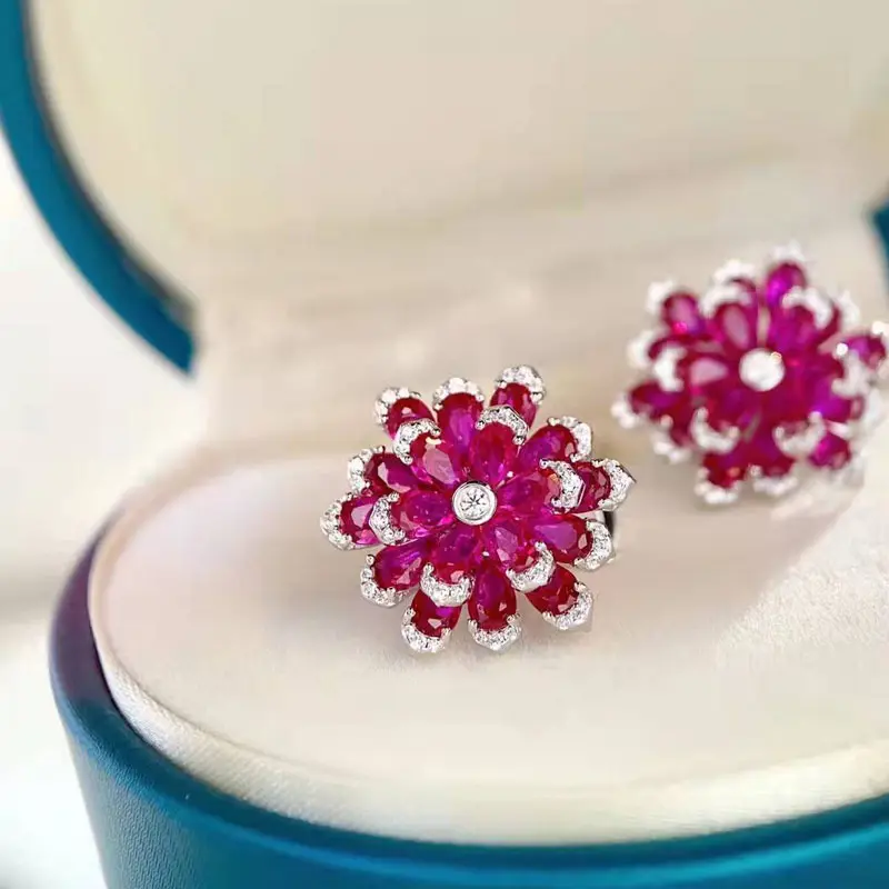 Aimgal fine jewelry 925 silver plated 18k gold Camellia laboratory diamond earrings Leb Red corundum