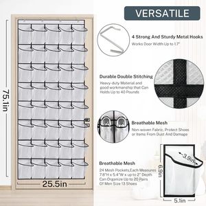 Over The Door <b>Shoe</b> Organizer 40 Pockets Mesh Hanging <b>Storage</b> Behind Door <b>Shoes</b> Rack Grey Non Woven Fabric - Product Image 3