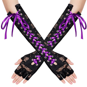 Guantes sin dedos con cordones, estilo gótico largo de malla negra para fiesta de disfraces de Halloween - Product Image 4