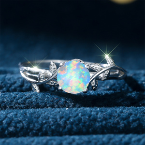 White Opal Round Round Stone <strong>Ring</strong> 925 Sterling <strong>Silver</strong> Leaf <strong>Rings</strong> for Women Vintage Wedding <strong>Band</strong> Bridal Engagement Jewelry Gifts - Product Image 2