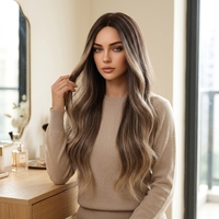Perruque longue ondulée brune blonde transparente avec dentelle respirante, résistante à la chaleur, en fibre capillaire, pour femme