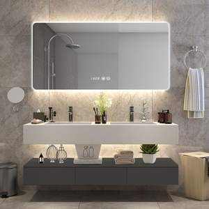 Mueble de baño de estilo hotelero de lujo ligero, con lavabo integrado de placa de roca curvada en caliente, mueble de lavabo de pie. - Product Image 4