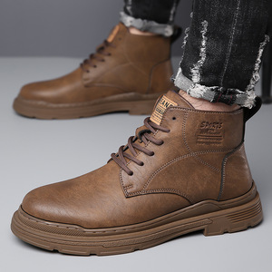 Bottes Martin pour hommes, à bout rond, talon plat, en cuir véritable, imperméables, semelle extérieure en caoutchouc, à lacets, style uni, automne-hiver - Product Image 2