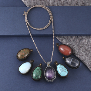 Vintage Trendy Gem Stone Halskette Hand gewebte Makramee Anhänger Oval Wachs schnur Mit Achat Amethyst für Herren Hochzeiten Partys - Product Image 2