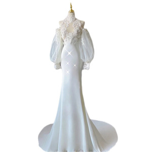 विंटेज फीता फ्रेंच सैटिन मत्स्य पालन के लिए दुल्हन अनुकूलित नए उत्पाद के लिए चैपल ट्रेन कम कीमत शादी की पोशाक के साथ - Product Image 5