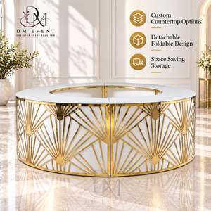 Comptoir de bar rond pliable sur mesure en acier inoxydable doré et noir avec cadre géométrique circulaire et plateau en verre trempé amovible - Product Image 1
