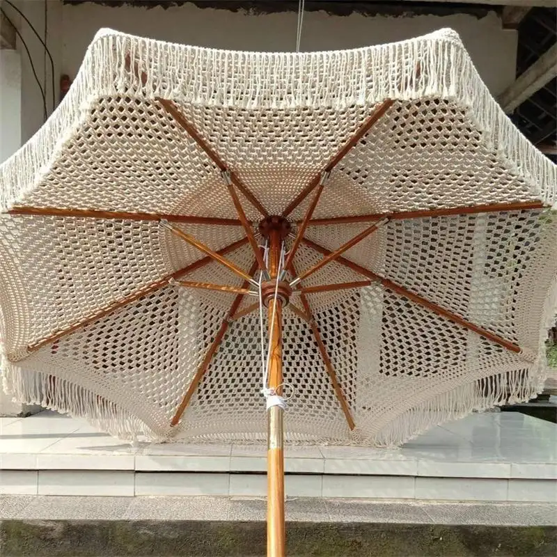 Good Quality Crochet Patio Wooden Umbrella Handmade Cotton Tassels 2.5m Parasol Macrame Ropes Open Umbrella With Fringe