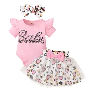 Boutique primavera autunno pagliaccetto da bambina neonato body lettera da bambina + gonna corta leopardata con fiocco