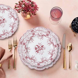 Assiettes de présentation en céramique rose à fleurs romantiques françaises, assiettes en porcelaine imprimées pour la décoration de fêtes et de mariages - Product Image 4