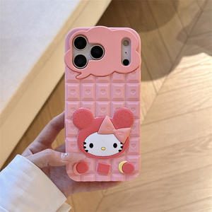 Coque de téléphone en silicone motif chat KT de dessin animé avec nœud pour iPhone 17 16 15 Pro Max, en caoutchouc souple antichoc, motif chocolat mignon et amour - Product Image 4