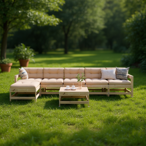 Ensemble de salon de jardin en bois de pin, 6 places, mobilier d'extérieur, design scandinave, structure en bois massif, coussins beiges - Product Image 3