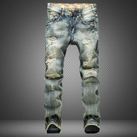 Jean Denim slim Vintage pour hommes, pantalon bon marché, Vintage, couleur délavée, à trous droits