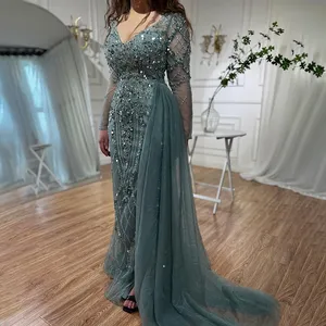 Abito da sera a maniche lunghe Meramid elegante <span class=keywords><strong>e</strong></span> <span class=keywords><strong>sereno</strong></span> turchese collina alta Modulare con perline per festa LA71793A su misura - Product Image 1