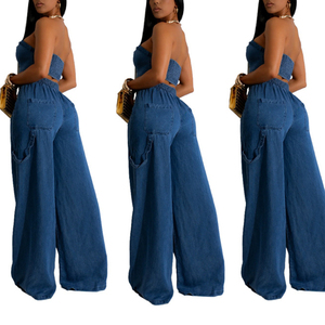 Women's Autumn-Winter Best-Selling Casual Denim Crop Top With <b>Rope</b>-Detailed Wide-Leg Pants Set Fashion - Product Image 2