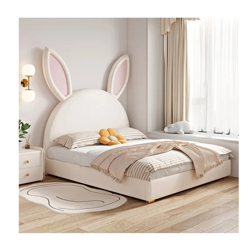 Cama confortável de princesa para meninas, cama nórdica simples e moderna de pele de coelho, quarto pequeno, jardim de infância, cama infantil