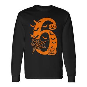 T-shirt à manches longues Halloween numéro 6 avec motif citrouilles, chauves-souris et toile d'araignée - Product Image 1