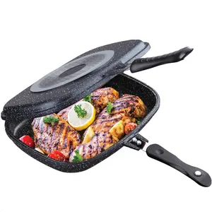 32cm induction double sided grill pan /double handle fry pan with non stick marble coating