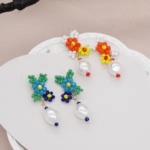 Vintage Handmade Style Beads Flower Stud Earrings Elegant Japan Korean Fashion Women Geometry Jewelry Girl Gifts