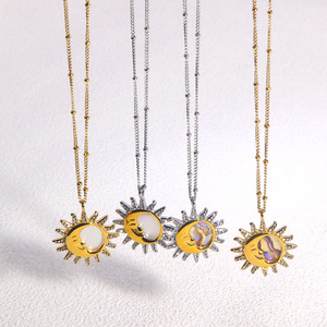 JUSNOVA Collier Pendentif en Acier Inoxydable Plaqué Or 18 carats PVD pour Femme, Motif Soleil Lune Coquillage CZ, Bijoux Tendance Vintage et Mode, Vente en Gros - Product Image 2